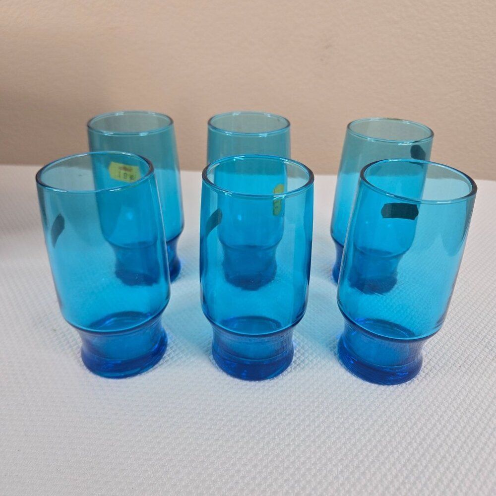 AH Laser Set Of 6 Vintage Blue Glass Tumblers 10 Oz Mid-Century Modern Design